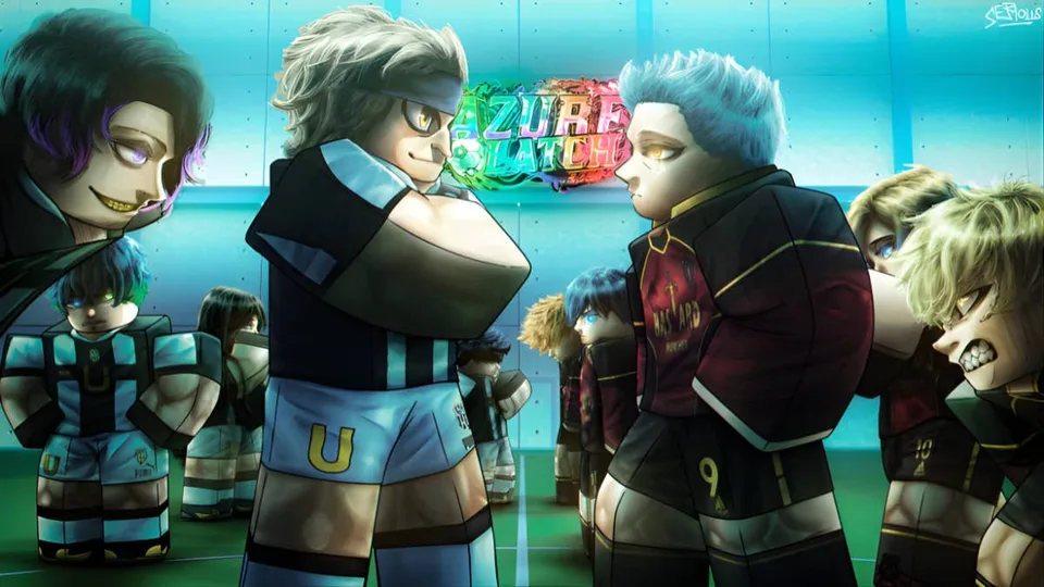 Two Azure Latch teams facing off on the pitch during a 5v5 Roblox match